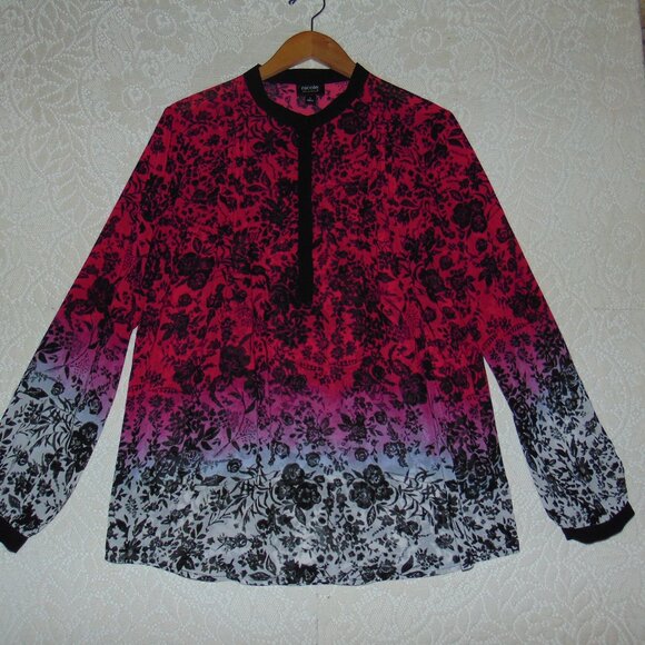 Nicole by Nicole Miller Ombre Pink Sheer Black Floral Button Up Collar Blouse L - Picture 2 of 11